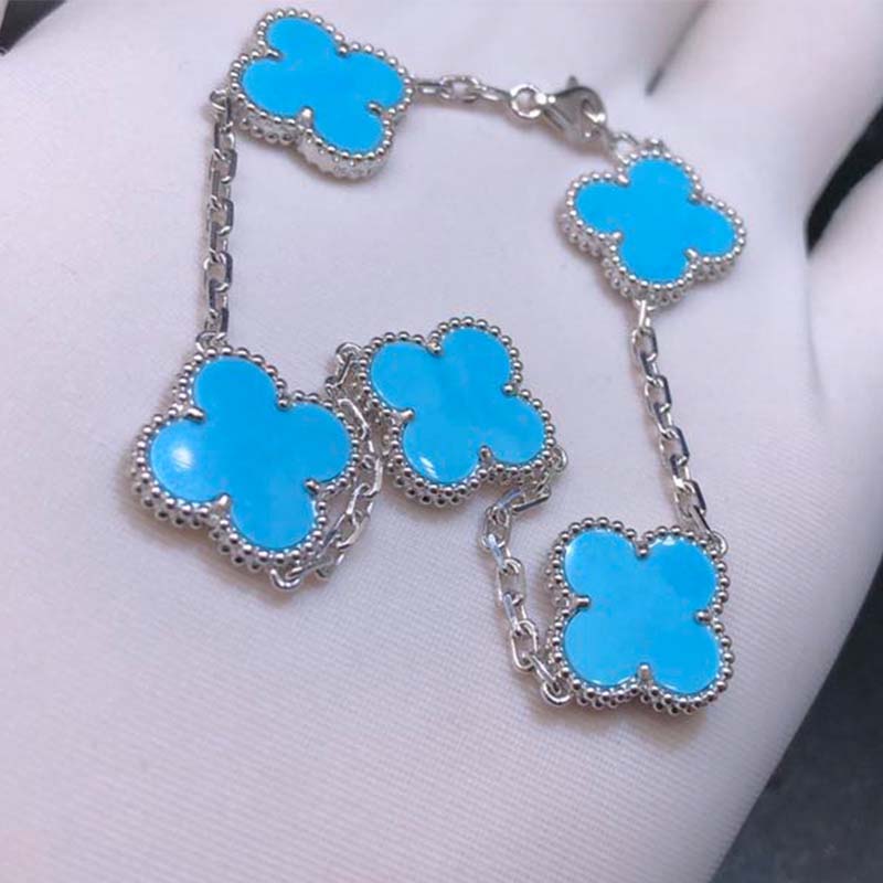 Van Cleef & Arpels 18K White Gold 5 Motifs Turquoise Vintage Alhambra Bracelet
