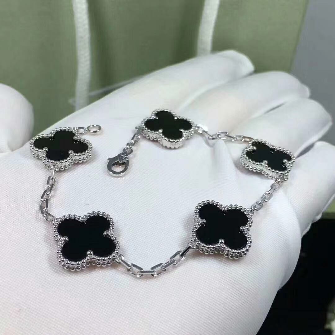 Van Cleef & Arpels 18K White Gold Black Onyx 5 Motifs Vintage Alhambra Bracelet