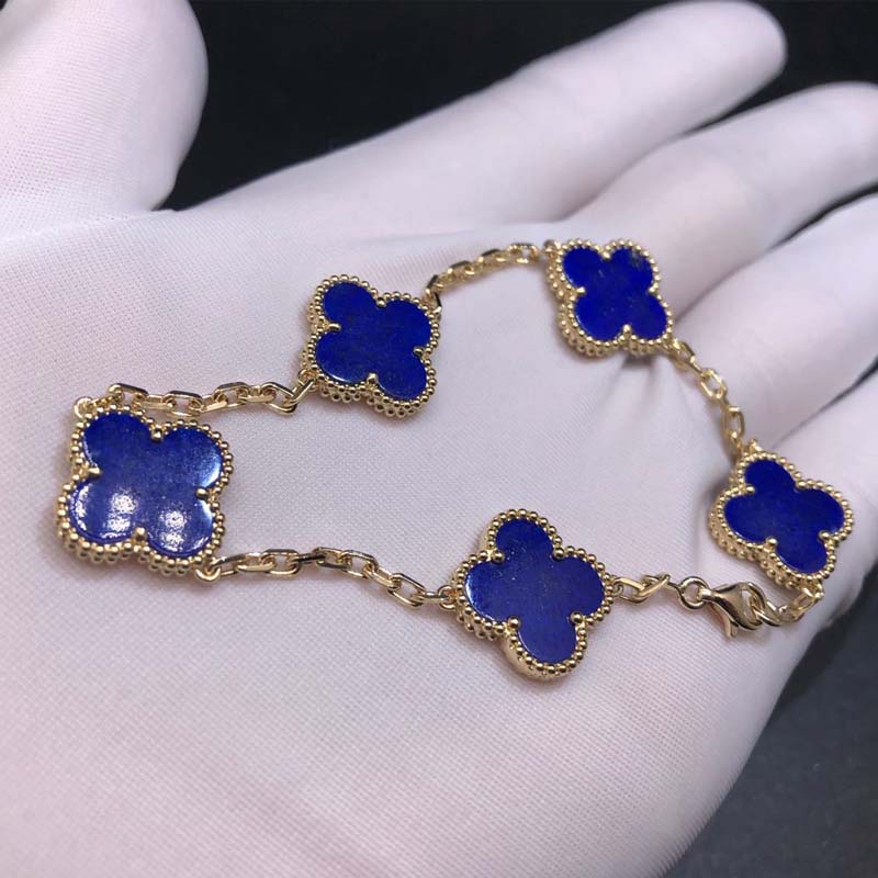 Van Cleef & Arpels 18K Yellow Gold 5 Motifs Lapis Lazuli Vintage Alhambra Bracelet