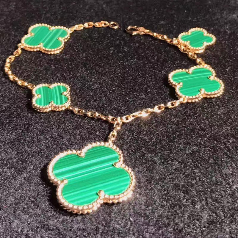 Van Cleef & Arpels 18K Yellow Gold 5 Motifs Malachite Magic Alhambra Clover Bracelet VCARO3AU00