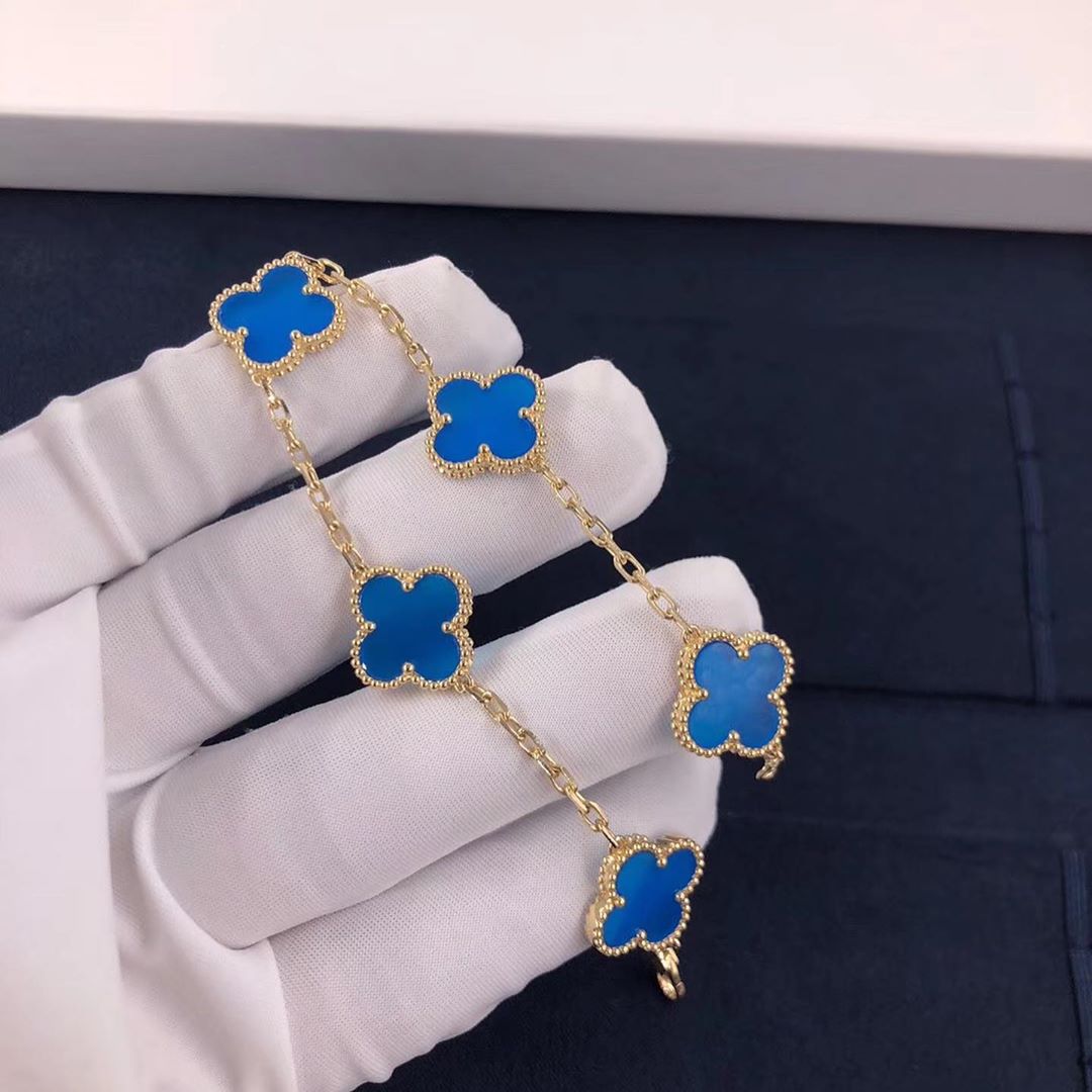 Van Cleef & Arpels 18K Yellow Gold Blue Agate 5 Motifs Vintage Alhambra Bracelet VCARP34900