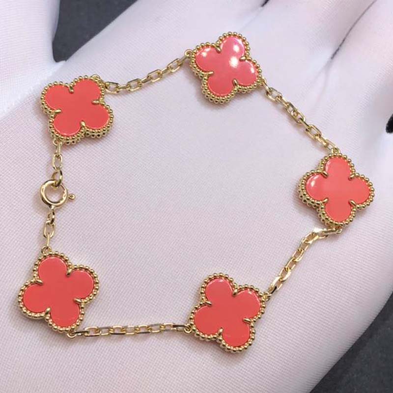 Van Cleef & Arpels 18K Yellow Gold Coral 5 Motifs Vintage Alhambra Bracelet
