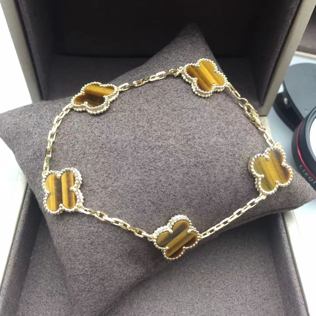 Van Cleef & Arpels 18k Yellow Gold 5-Motifs Tiger’s Eye Vintage Alhambra Bracelet VCARD35600