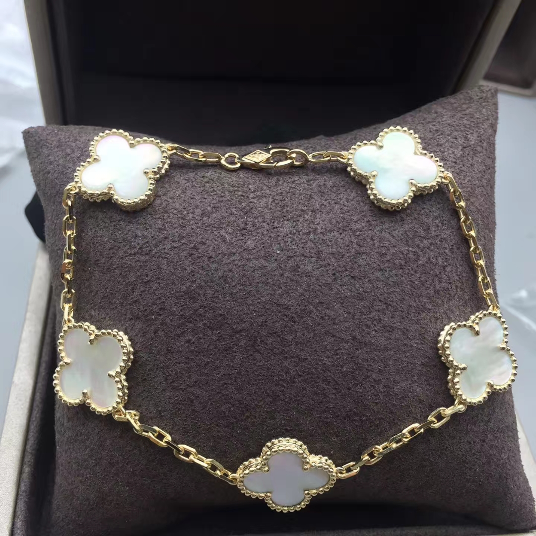 Van Cleef & Arpels 18k Yellow Gold 5 Motifs White Mother Of Pearl Vintage Alhambra Bracelet VCARA41800