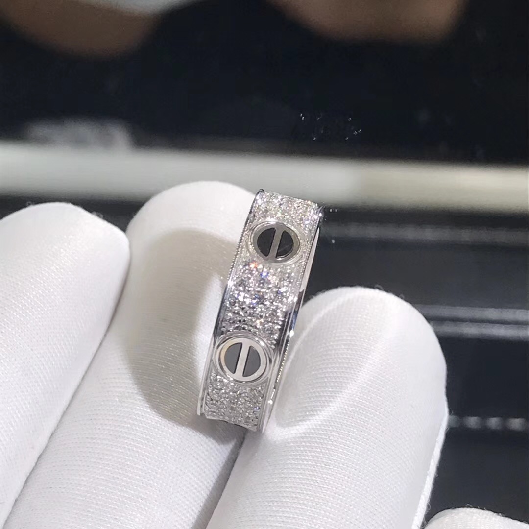 Cartier 18K White Gold Diamond Paved Black Ceramic Love 6.5mm Band Ring B4207600