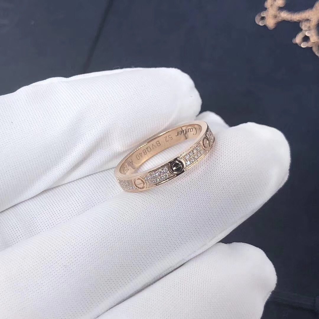 Cartier Love Ring 2.6MM Band Small Model 18k Pink Gold Pave Diamonds B4218100