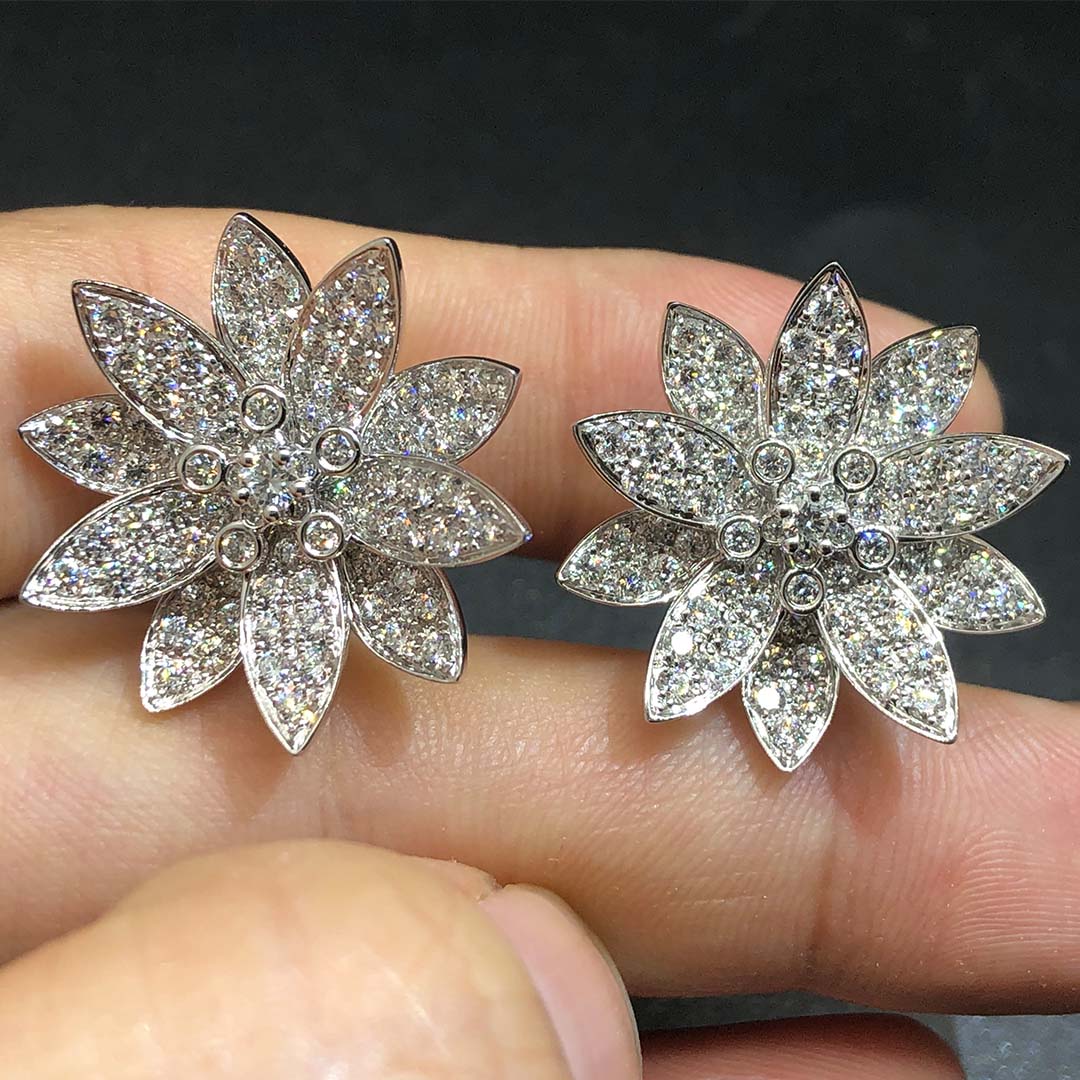 Van Cleef & Arpels 18k White Gold and Diamond Lotus Medium Model Earrings VCARO96C00