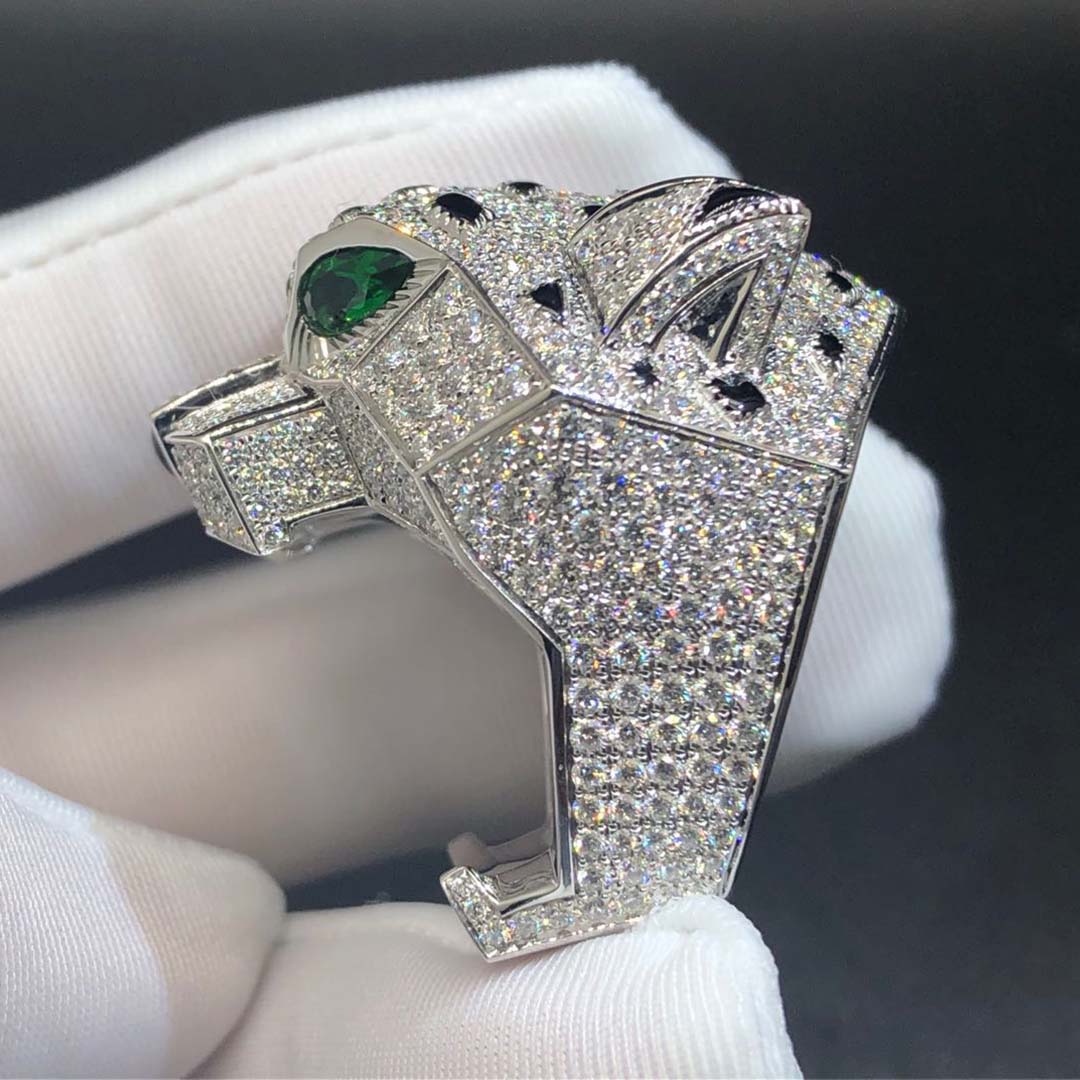 Cartier 18k White Gold Full Diamond Pave Onyx Emerald Panthere de Cartier ring H4179600