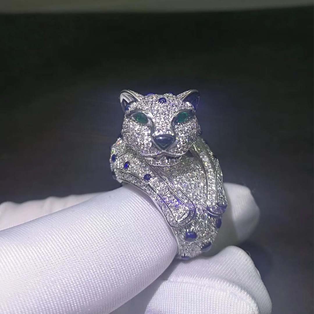 Panthere de Cartier Platinum Diamond Sapphires Emeralds Onyx Ring H4078300