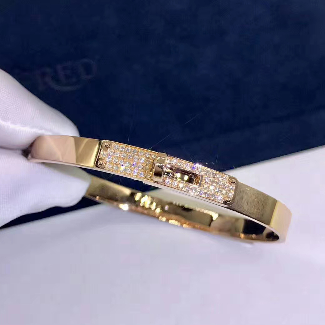 Hermes 18K Rose Gold Pave Diamond Kelly Bracelet H214465B 00ST