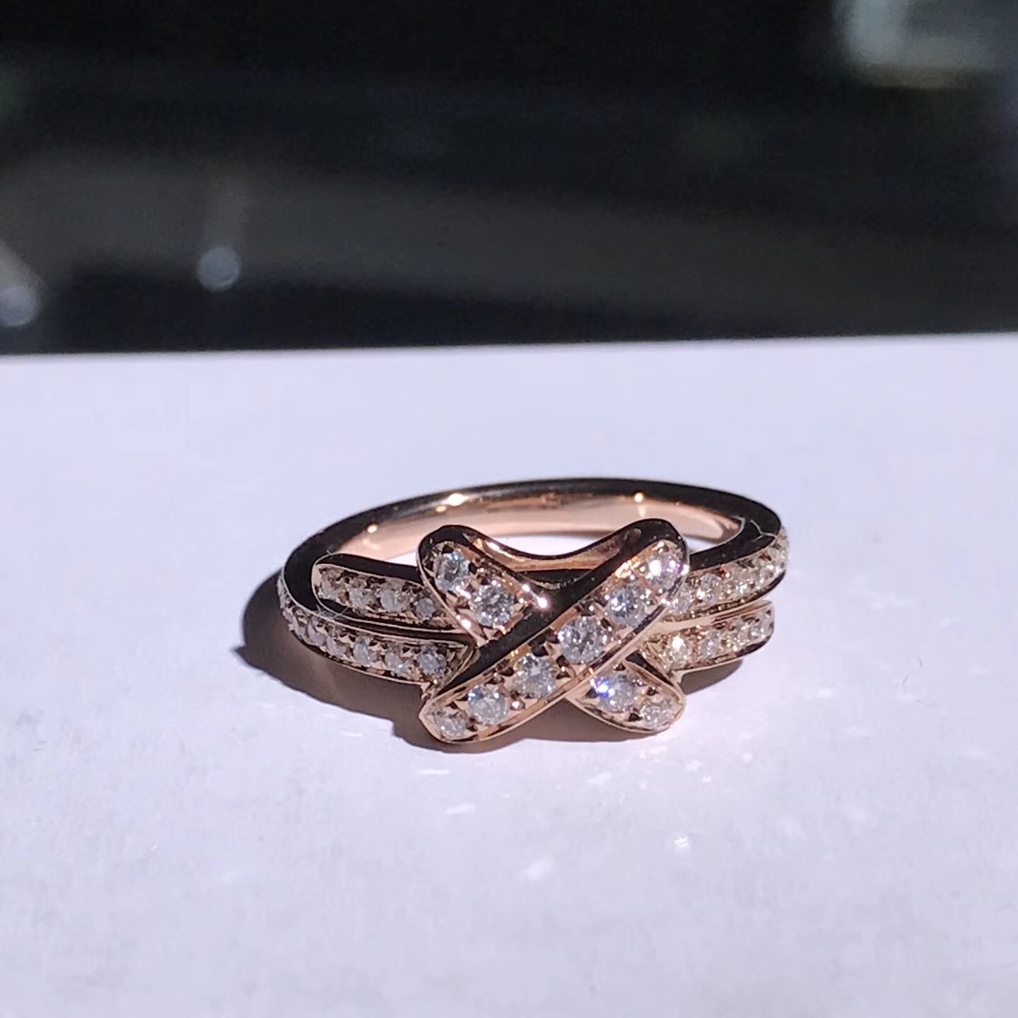 Chaumet 18k Rose Gold Jeux de Liens Pavé Diamond Bow Ring 082179