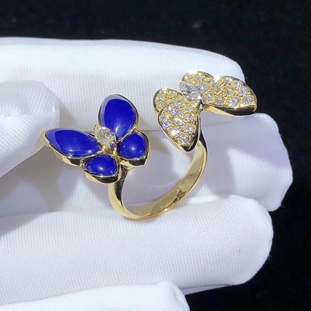 VCA 18K Yellow Gold Diamond Lapis Lazuli Two Butterfly Between the Finger Ring VCARP3DN00