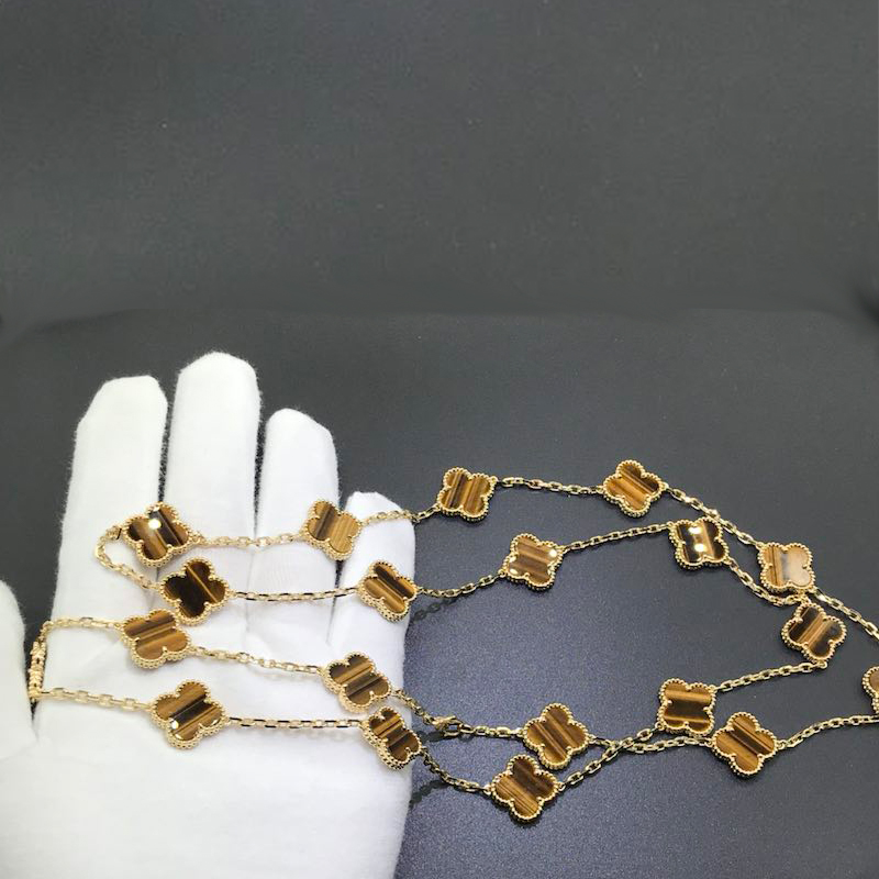 VCA 18K Yellow Gold Vintage Alhambra 20 Motif Tiger’s Eye Long Necklace VCARD39900
