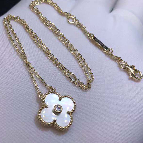 VCA 18K Yellow Gold Vintage Alhambra Diamond White Mother of Pearl Pendant Necklace