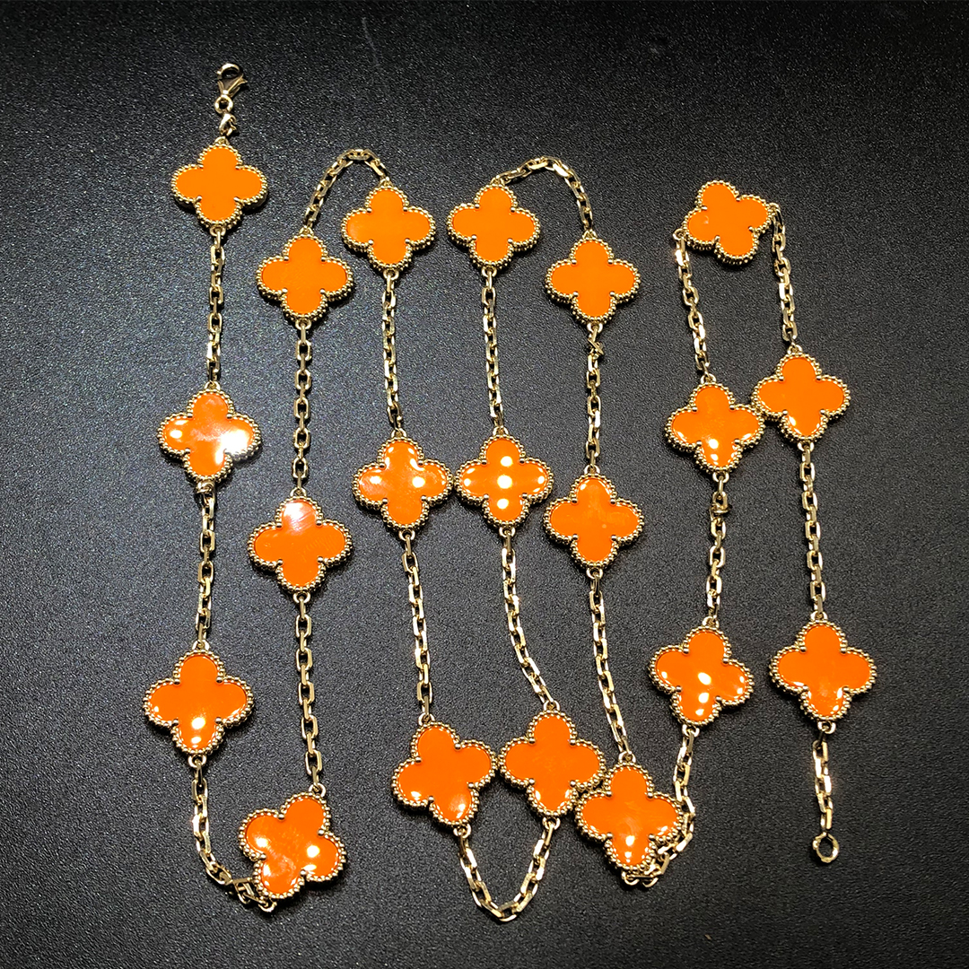 Van Cleef & Arpels 18K Yellow Gold 20 Motifs Orange Coral Vintage Alhambra Necklace