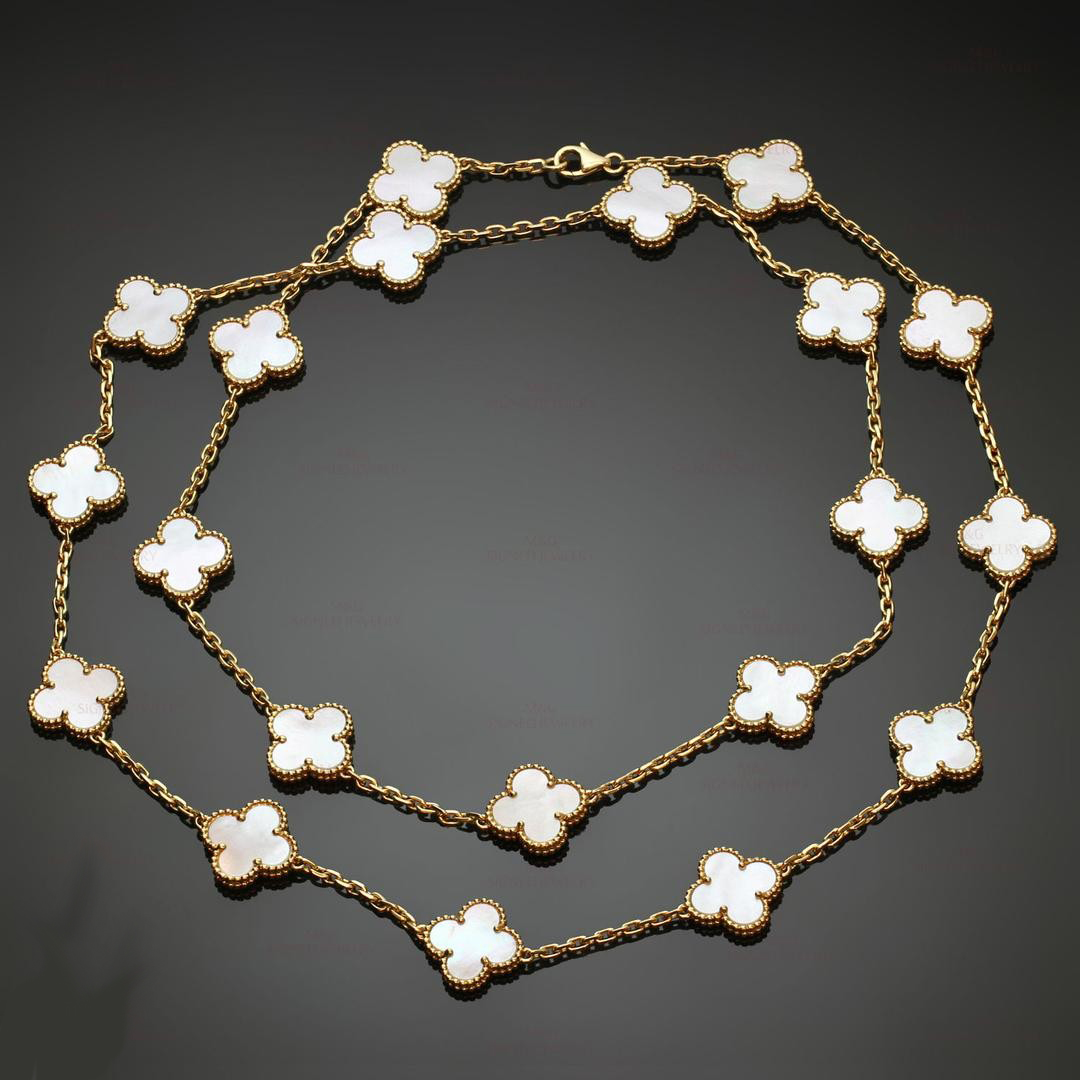 VCA 18K Yellow Gold 20 Motifs White Mother of Pearl Vintage Alhambra Long Necklace VCARA42100