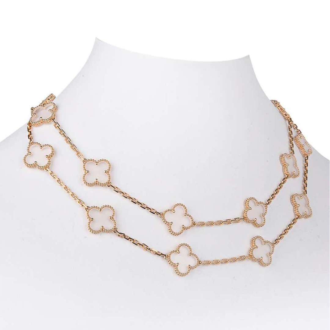 Van Cleef & Arpels 18K Yellow Gold Vintage Alhambra Rock Crystal 20 Motifs Long Necklace