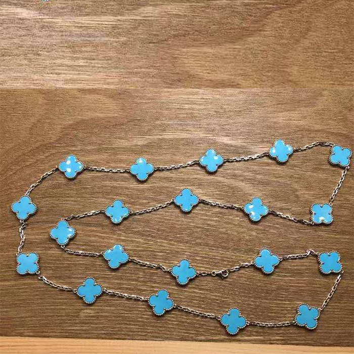 Van Cleef & Arpels 18k White Gold 20 Motif Turquoise Vintage Alhambra Necklace