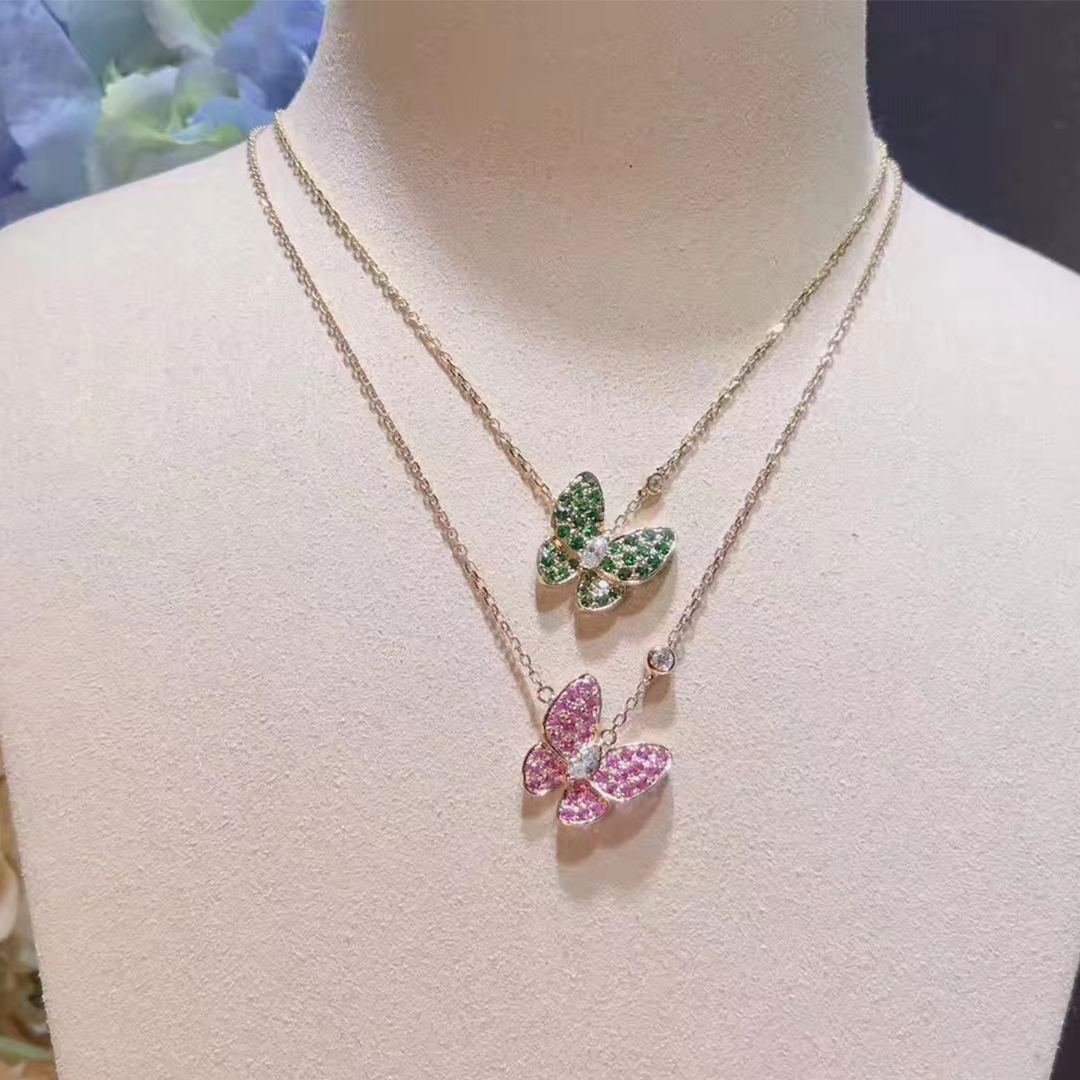 Van Cleef & Arpels 18K Rose Gold Two Butterfly Diamond Pink Sapphire and Tsavorite Pendant Necklace