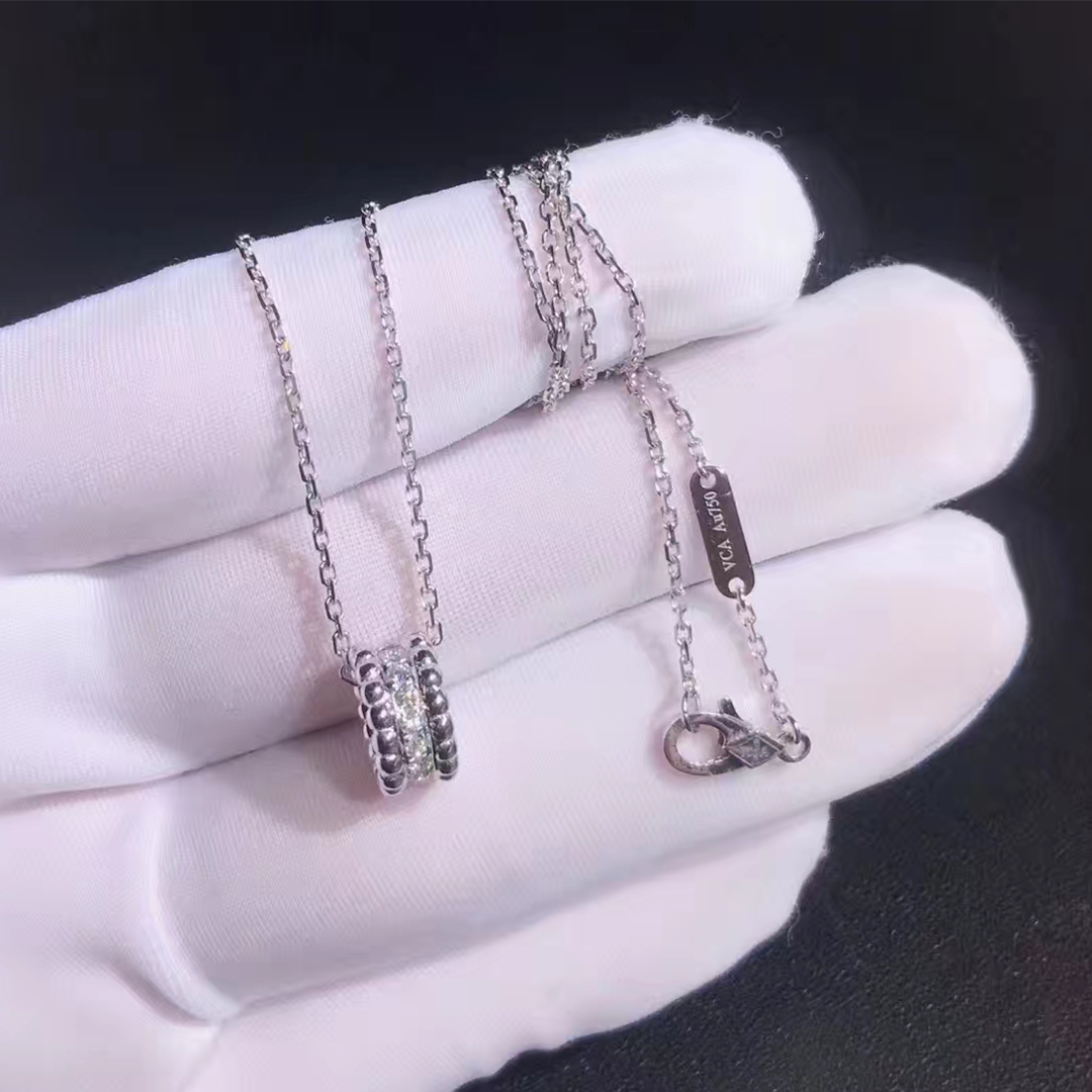 Van Cleef & Arpels 18K White Gold Perlee Diamond 1 Row Pendant Necklace