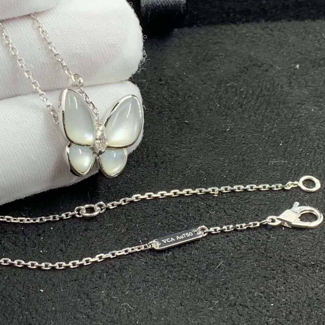 Van Cleef & Arpels 18k White Gold Mother of Pearl and Diamond Two Butterfly Pendant