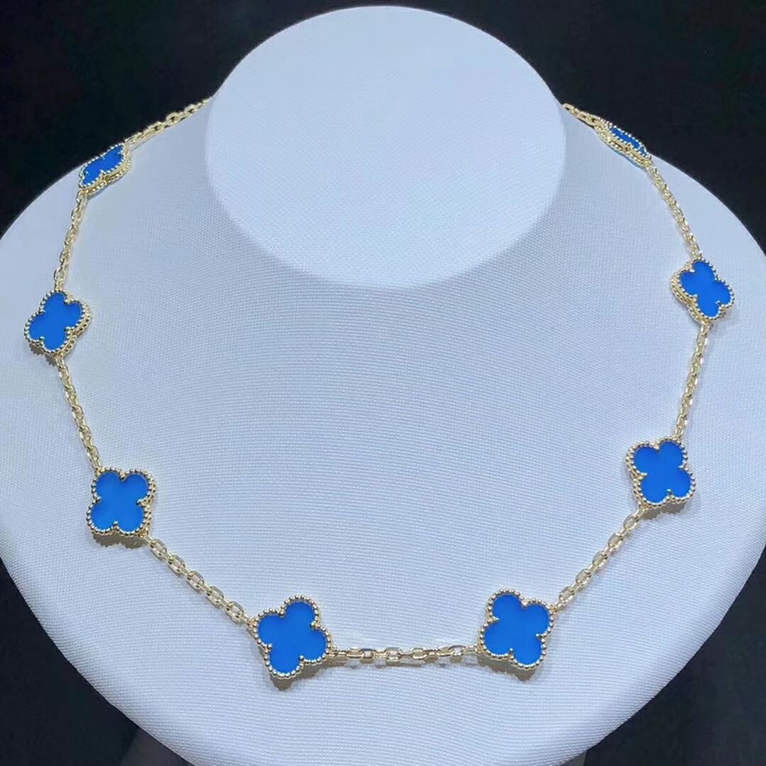 Van Cleef & Arpels 18k Yellow Gold Blue Agate Vintage Alhambra 10 Motif Necklace VCARP34800
