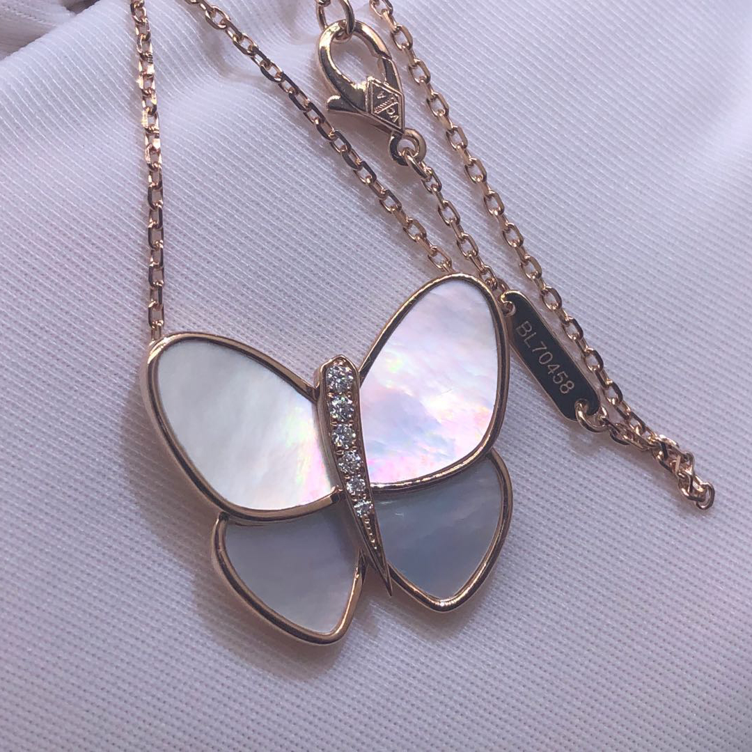 Van Cleef & Arpels 18k Yellow Gold Mother-of-Pearl and Diamond Fly & Flutter Butterfly Pendant