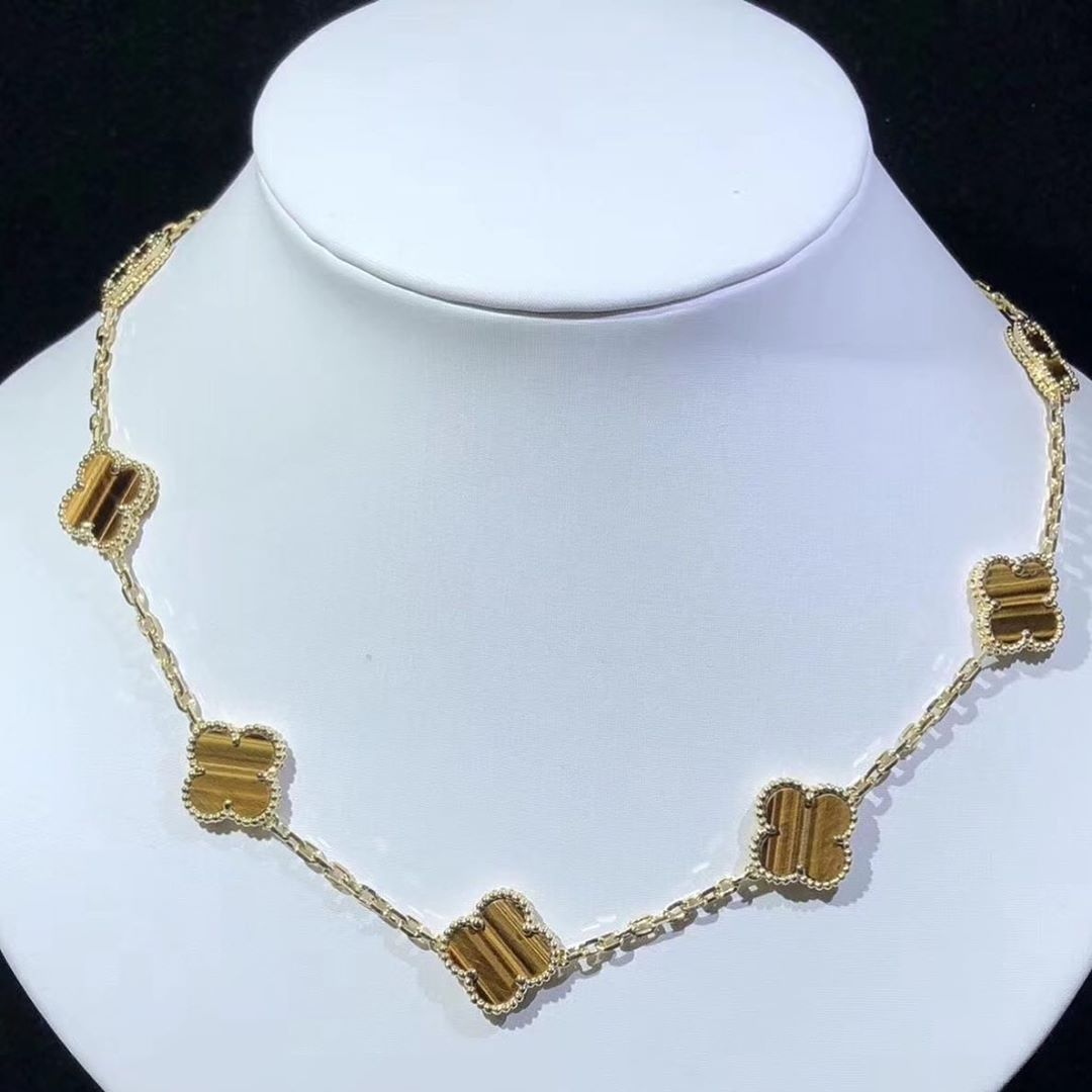 Van Cleef & Arpels 18k Yellow Gold and Tiger’s Eye Vintage Alhambra 10 Motif Necklace VCARD40700