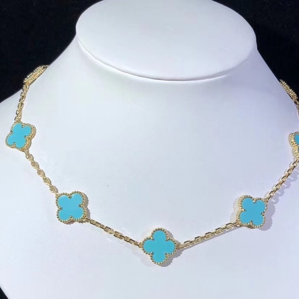 Van Cleef & Arpels Vintage Alhambra 10 Motifs Turquoise 18K Yellow Gold Necklace
