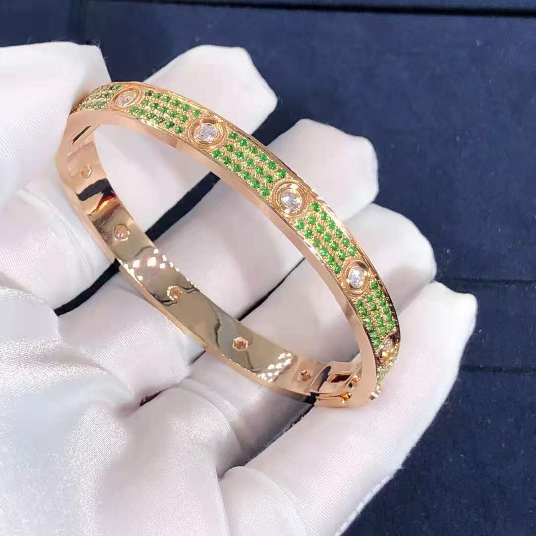 Custom-made Cartier 18k Rose Gold Emeralds Paved and Diamond Love Bracelet